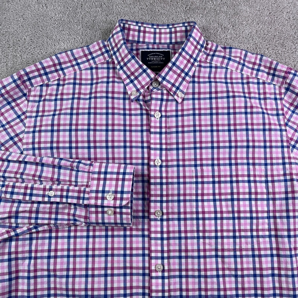 Charles Tyrwhitt‎ Shirt Mens Large Pink Checkered Classic Fit Cotton Button Up